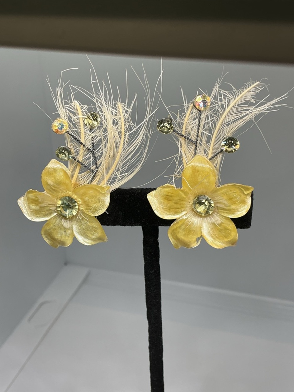 Vintage Celluloid Dogwood Flowers AB Rhinestone Feather Clip Earrings